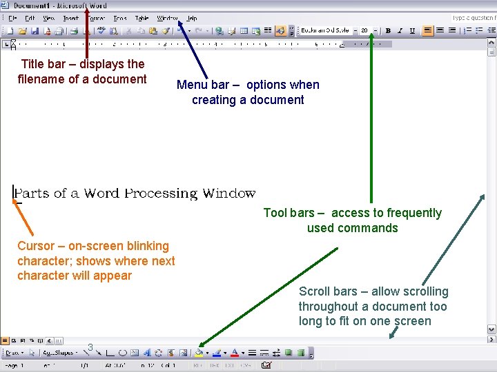 Title bar – displays the filename of a document Menu bar – options when