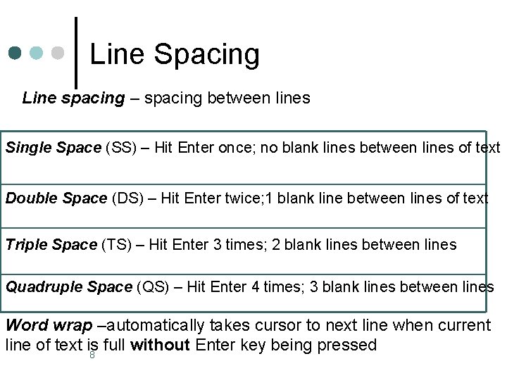 Line Spacing Line spacing – spacing between lines Single Space (SS) – Hit Enter