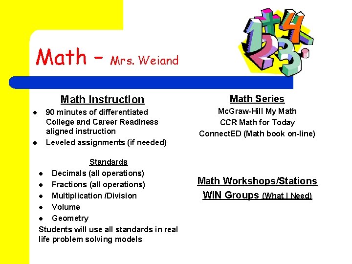 Math – Mrs. Weiand Math Instruction l l 90 minutes of differentiated College and