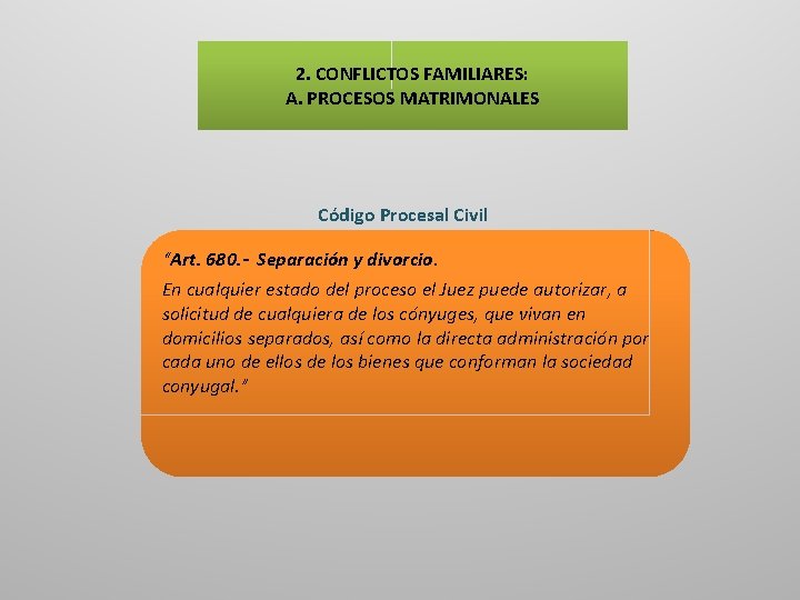 2. CONFLICTOS FAMILIARES: A. PROCESOS MATRIMONALES Código Procesal Civil “Art. 680. - Separación y