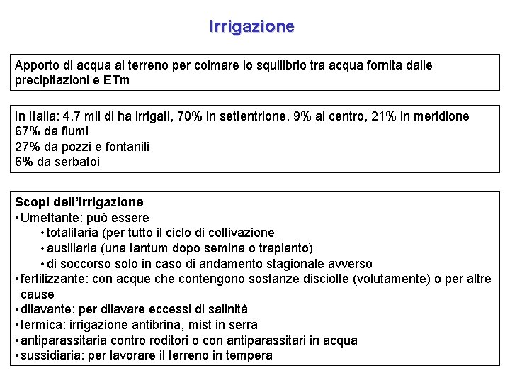 Irrigazione Apporto di acqua al terreno per colmare lo squilibrio tra acqua fornita dalle