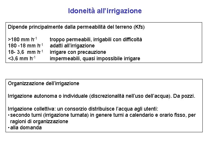 Idoneità all’irrigazione Dipende principalmente dalla permeabilità del terreno (Kfs) >180 mm h-1 180 -18