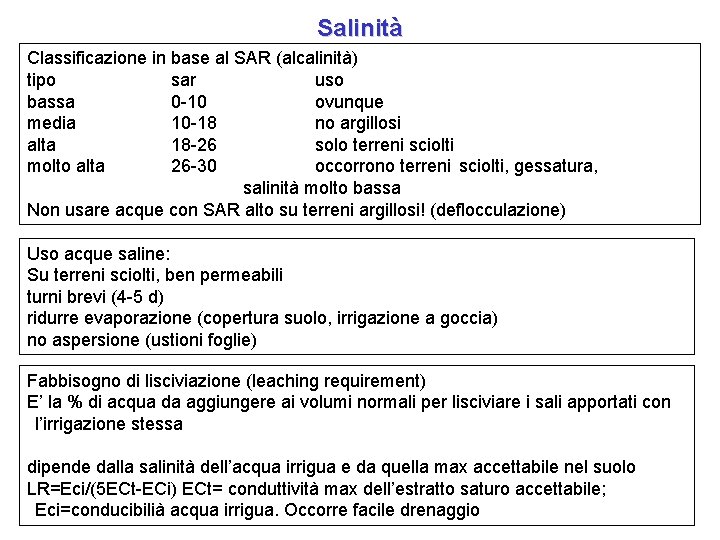 Salinità Classificazione in base al SAR (alcalinità) tipo sar uso bassa 0 -10 ovunque