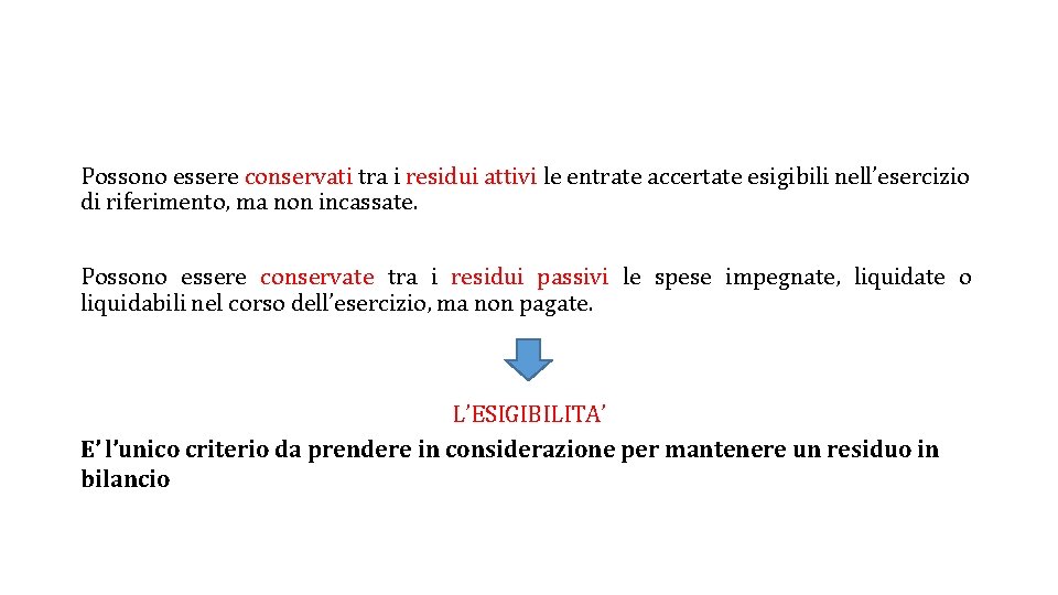 Possono essere conservati tra i residui attivi le entrate accertate esigibili nell’esercizio di riferimento, Possono essere conservati tra i residui attivi le entrate accertate esigibili nell’esercizio di riferimento,