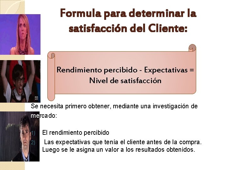 Formula para determinar la satisfacción del Cliente: Rendimiento percibido - Expectativas = Nivel de