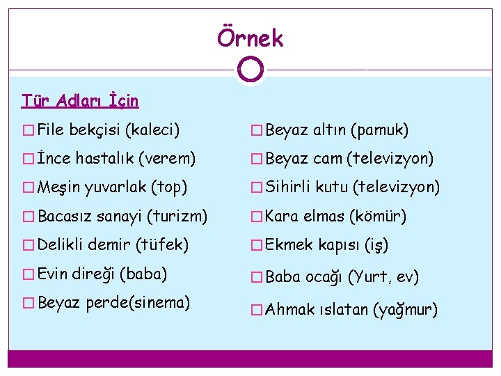 Örnek Tür Adları İçin � File bekçisi (kaleci) � Beyaz altın (pamuk) � İnce Örnek Tür Adları İçin � File bekçisi (kaleci) � Beyaz altın (pamuk) � İnce