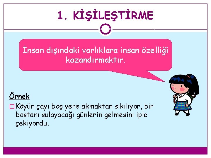 1. KİŞİLEŞTİRME İnsan dışındaki varlıklara insan özelliği kazandırmaktır. Örnek � Köyün çayı boş yere 1. KİŞİLEŞTİRME İnsan dışındaki varlıklara insan özelliği kazandırmaktır. Örnek � Köyün çayı boş yere