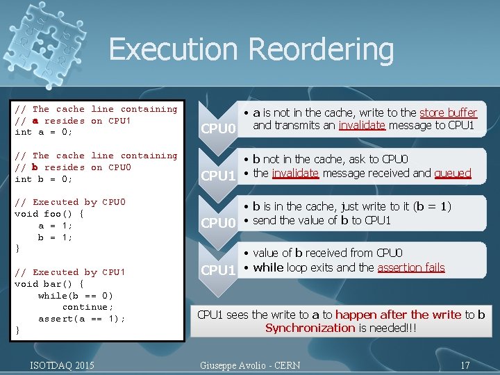 Execution Reordering // The cache line containing // a resides on CPU 1 int Execution Reordering // The cache line containing // a resides on CPU 1 int