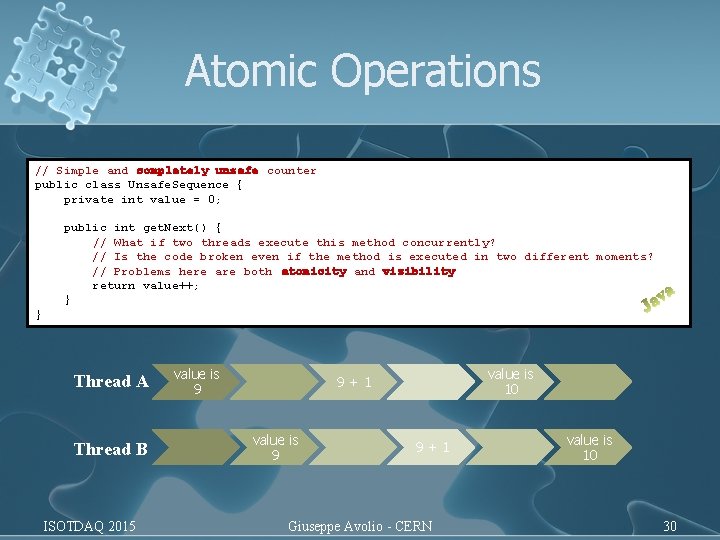 Atomic Operations // Simple and completely unsafe counter public class Unsafe. Sequence { private Atomic Operations // Simple and completely unsafe counter public class Unsafe. Sequence { private