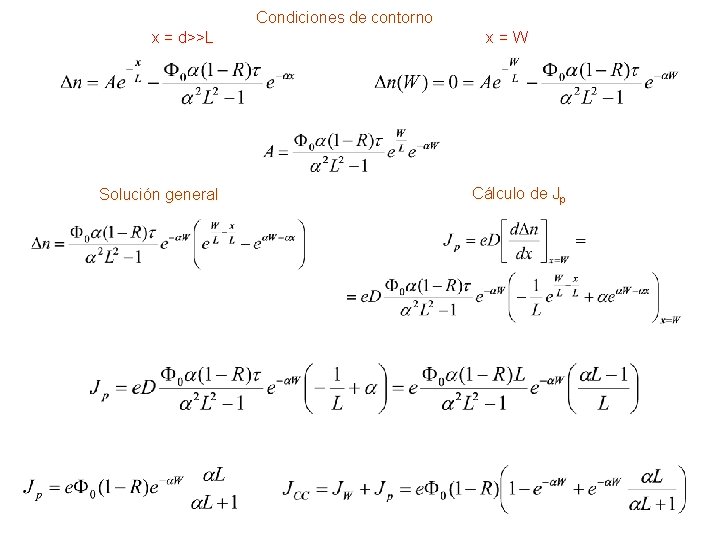 Condiciones de contorno x = d>>L Solución general x=W Cálculo de Jp 