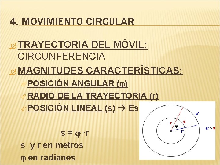 4. MOVIMIENTO CIRCULAR TRAYECTORIA DEL MÓVIL: CIRCUNFERENCIA MAGNITUDES CARACTERÍSTICAS: POSICIÓN ANGULAR (j) RADIO DE