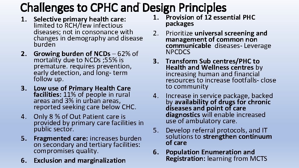 Challenges to CPHC and Design Principles 1. Selective primary health care: limited to RCH/few