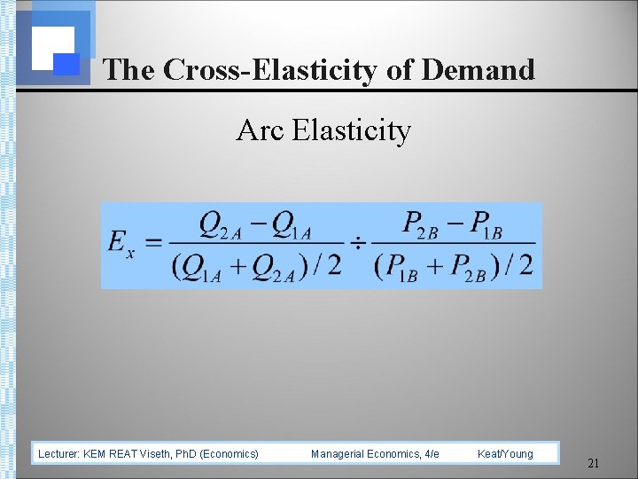 The Cross-Elasticity of Demand Arc Elasticity Lecturer: KEM REAT Viseth, Ph. D (Economics) Managerial