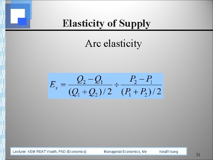 Elasticity of Supply Arc elasticity Lecturer: KEM REAT Viseth, Ph. D (Economics) Managerial Economics,