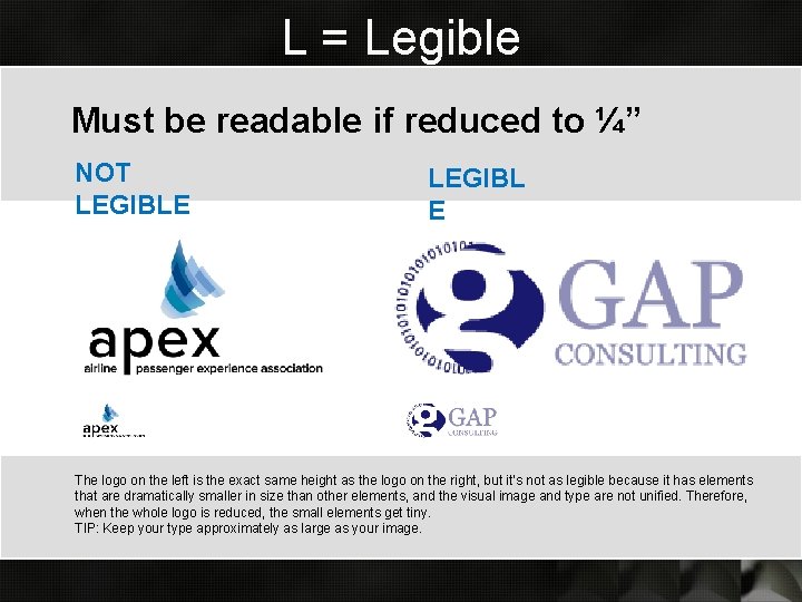 L = Legible Must be readable if reduced to ¼” NOT LEGIBLE LEGIBL E L = Legible Must be readable if reduced to ¼” NOT LEGIBLE LEGIBL E
