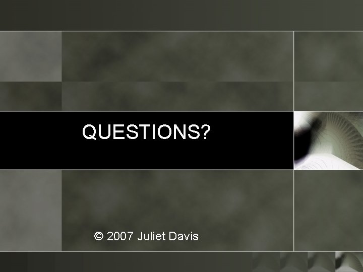 QUESTIONS? © 2007 Juliet Davis QUESTIONS? © 2007 Juliet Davis