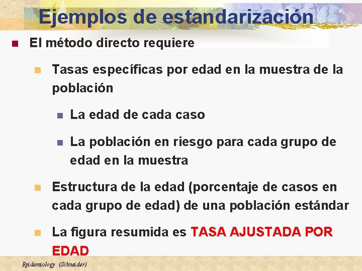 Ejemplos de estandarización n El método directo requiere n Tasas específicas por edad en