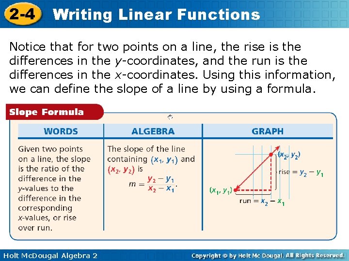 2 -4 Writing Linear Functions Notice that for two points on a line, the