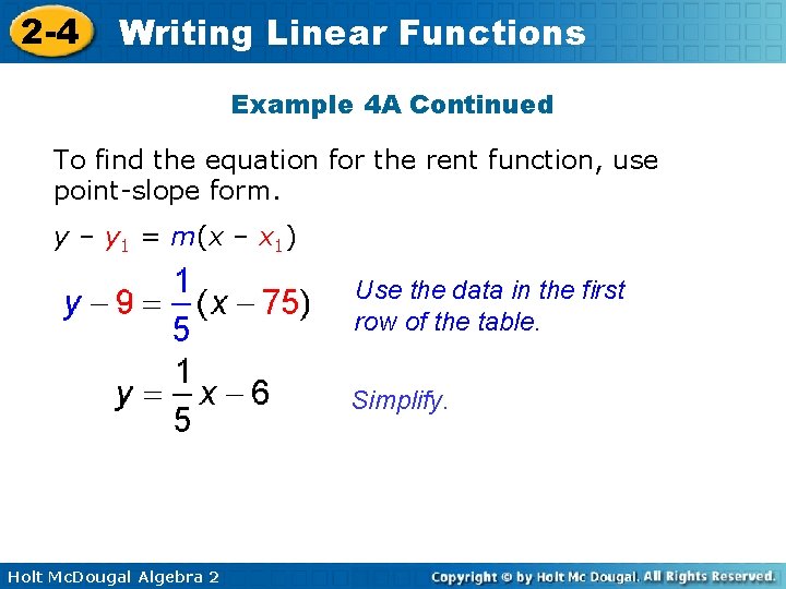 2 -4 Writing Linear Functions Example 4 A Continued To find the equation for