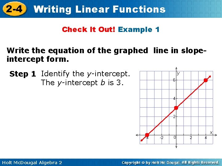 2 -4 Writing Linear Functions Check It Out! Example 1 Write the equation of