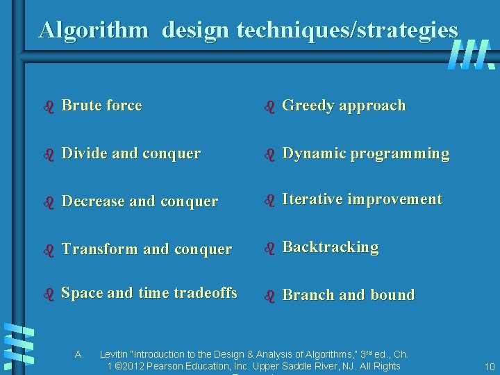 Algorithm design techniques/strategies b Brute force b Greedy approach b Divide and conquer b