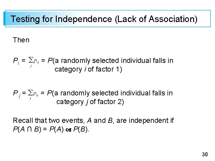 Testing for Independence (Lack of Association) Then Pi. = = P (a randomly selected Testing for Independence (Lack of Association) Then Pi. = = P (a randomly selected