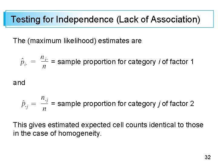 Testing for Independence (Lack of Association) The (maximum likelihood) estimates are = sample proportion Testing for Independence (Lack of Association) The (maximum likelihood) estimates are = sample proportion