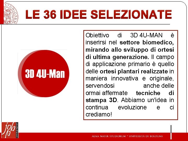 LE 36 IDEE SELEZIONATE Obiettivo di 3 D 4 U-MAN è inserirsi nel settore