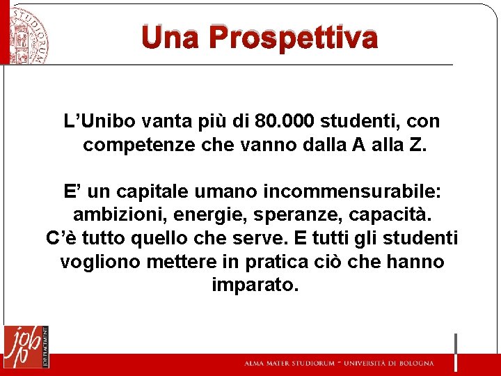 Una Prospettiva L’Unibo vanta più di 80. 000 studenti, con competenze che vanno dalla