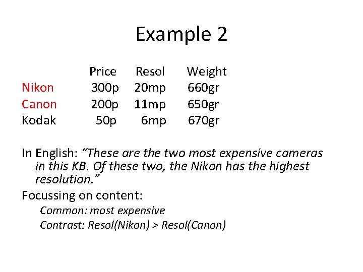 Example 2 Nikon Canon Kodak Price 300 p 200 p 50 p Resol 20
