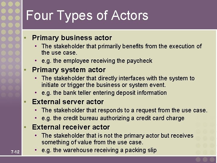 Four Types of Actors • Primary business actor • The stakeholder that primarily benefits