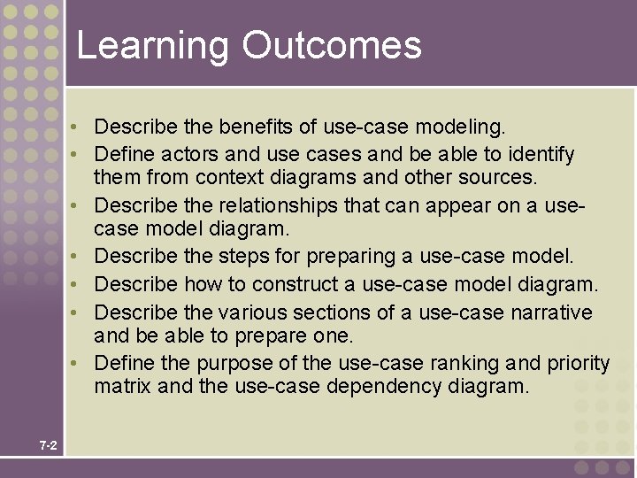 Learning Outcomes • Describe the benefits of use-case modeling. • Define actors and use