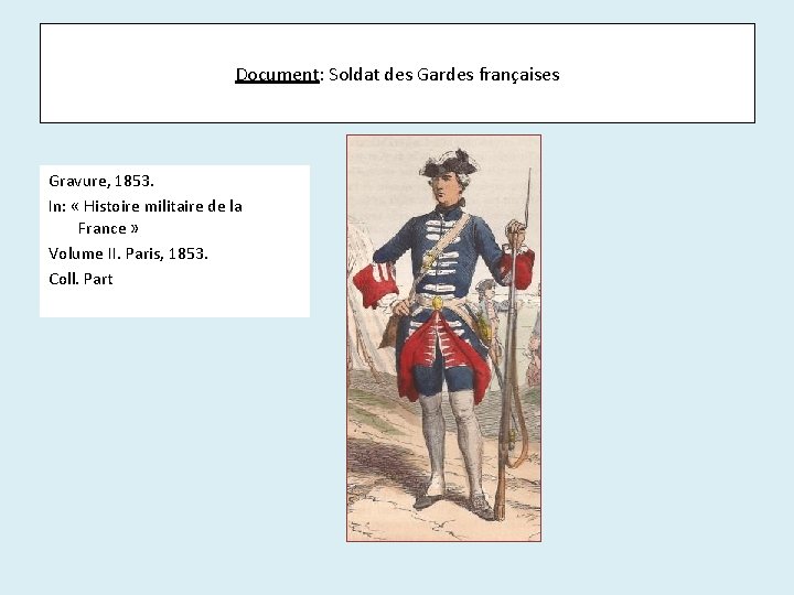 Document: Soldat des Gardes françaises Gravure, 1853. In: « Histoire militaire de la France