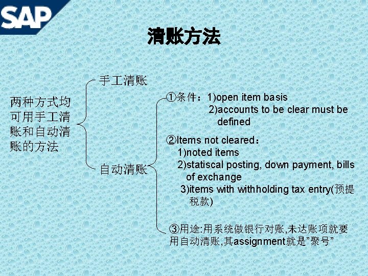 清账方法 手 清账 ①条件： 1)open item basis 2)accounts to be clear must be defined