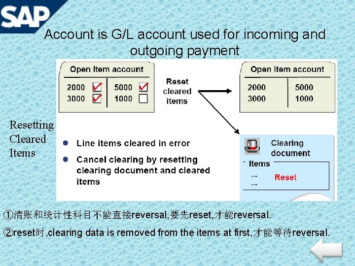 Account is G/L account used for incoming and outgoing payment Resetting Cleared Items ①清账和统计性科目不能直接reversal,