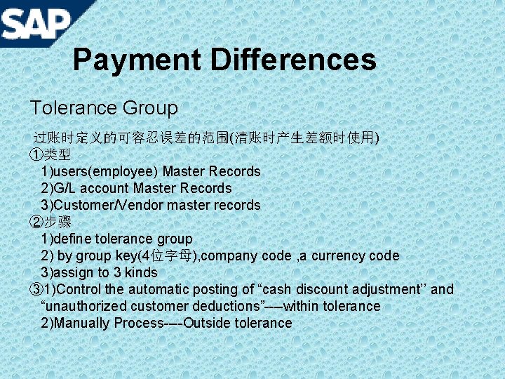 Payment Differences Tolerance Group 过账时定义的可容忍误差的范围(清账时产生差额时使用) ①类型 1)users(employee) Master Records 2)G/L account Master Records 3)Customer/Vendor