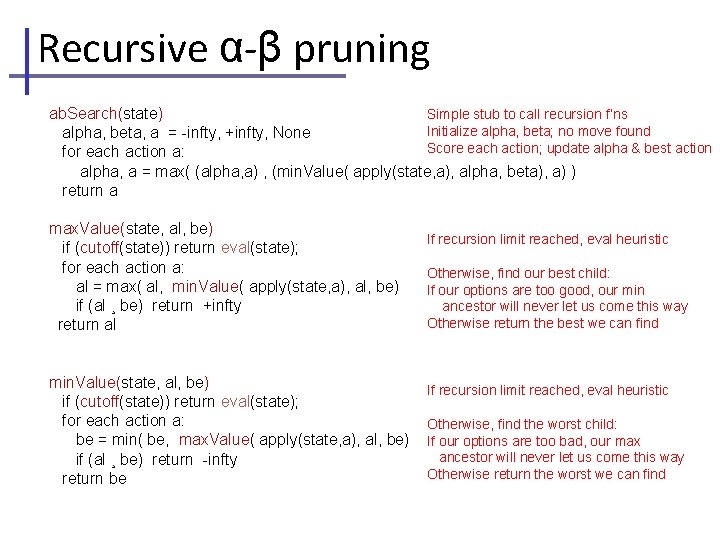 Recursive α-β pruning ab. Search(state) Simple stub to call recursion f’ns Initialize alpha, beta;