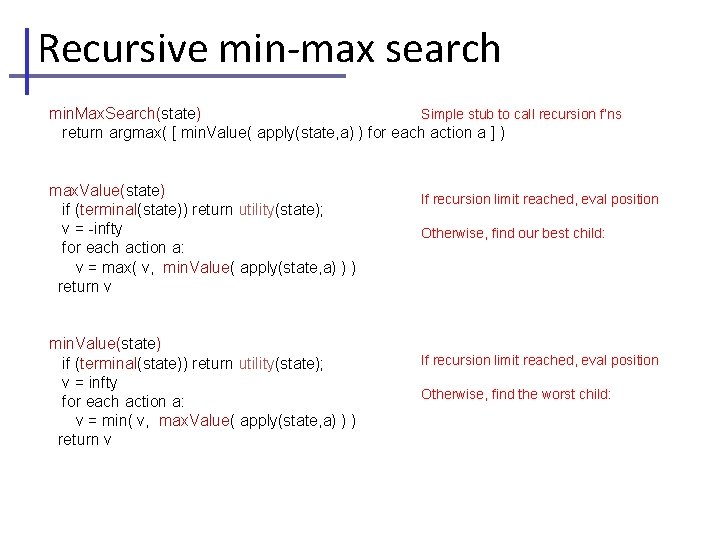 Recursive min-max search min. Max. Search(state) Simple stub to call recursion f’ns return argmax(