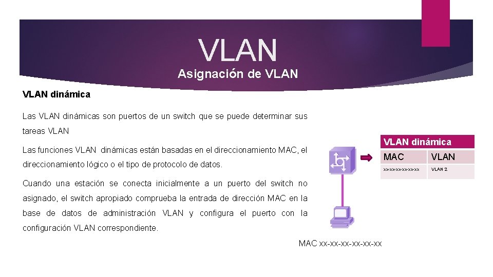 VLAN Asignación de VLAN dinámica Las VLAN dinámicas son puertos de un switch que