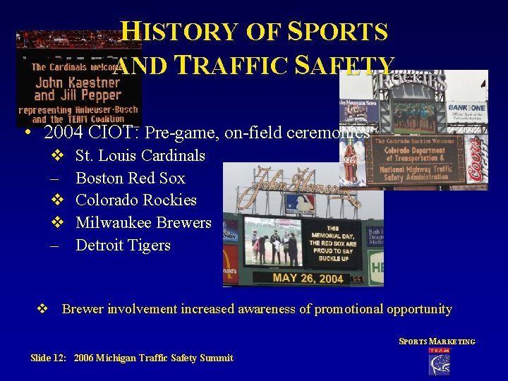 HISTORY OF SPORTS AND TRAFFIC SAFETY • 2004 CIOT: Pre-game, on-field ceremonies v –