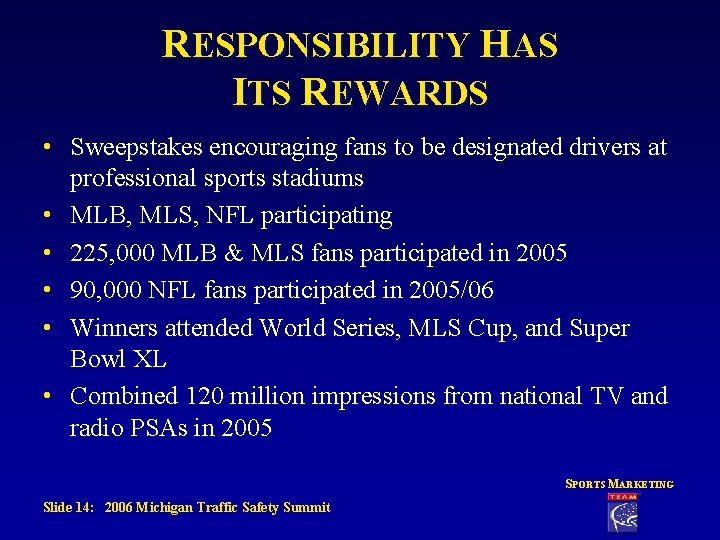 RESPONSIBILITY HAS ITS REWARDS • Sweepstakes encouraging fans to be designated drivers at professional