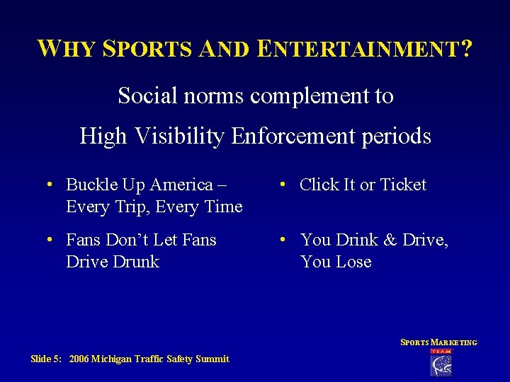 WHY SPORTS AND ENTERTAINMENT? Social norms complement to High Visibility Enforcement periods • Buckle