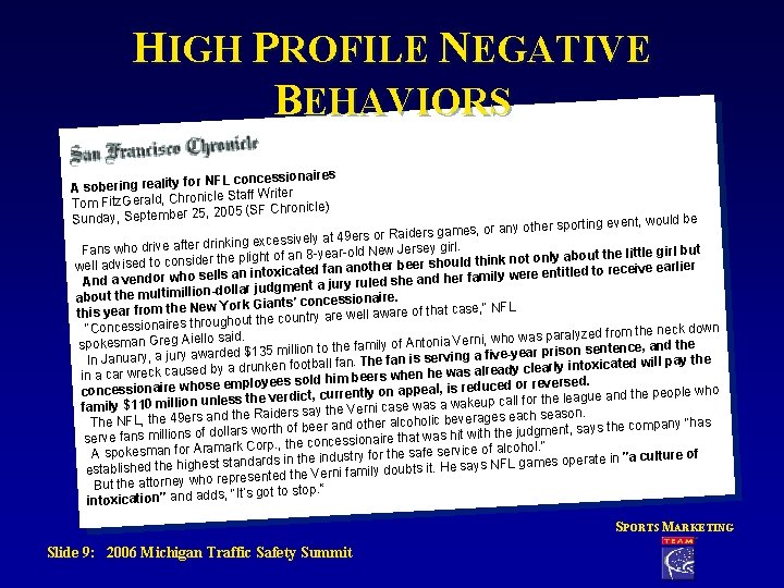 HIGH PROFILE NEGATIVE BEHAVIORS s r NFL concessionaire A sobering reality fo icle Staff