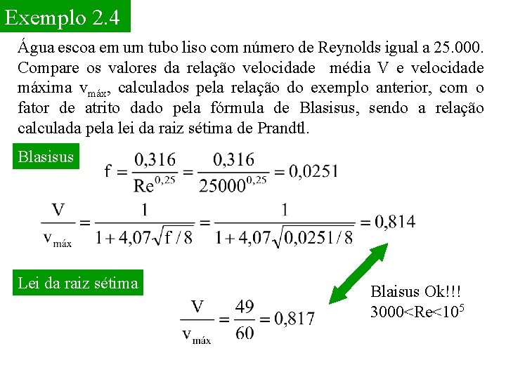 Exemplo 2. 4 Água escoa em um tubo liso com número de Reynolds igual