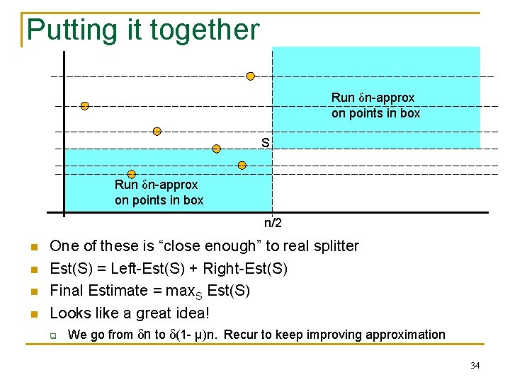 Putting it together Run δn-approx on points in box S Run δn-approx on points