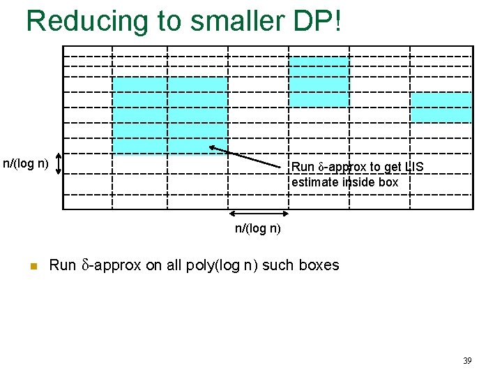 Reducing to smaller DP! n/(log n) Run δ-approx to get LIS estimate inside box