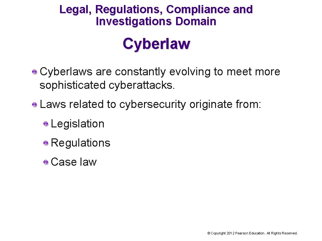 Legal, Regulations, Compliance and Investigations Domain Cyberlaws are constantly evolving to meet more sophisticated