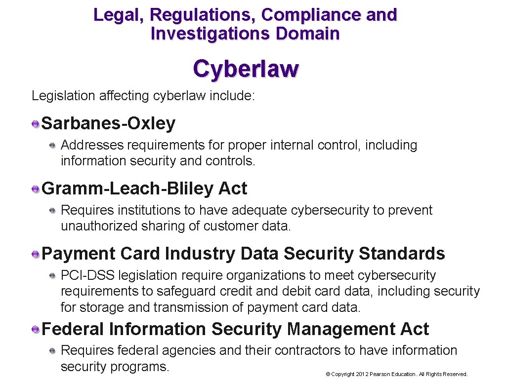 Legal, Regulations, Compliance and Investigations Domain Cyberlaw Legislation affecting cyberlaw include: Sarbanes-Oxley Addresses requirements