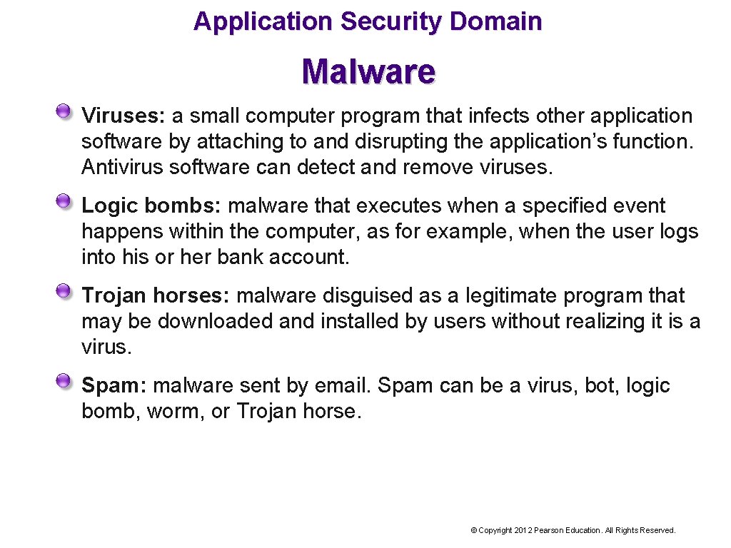 Application Security Domain Malware Viruses: a small computer program that infects other application software