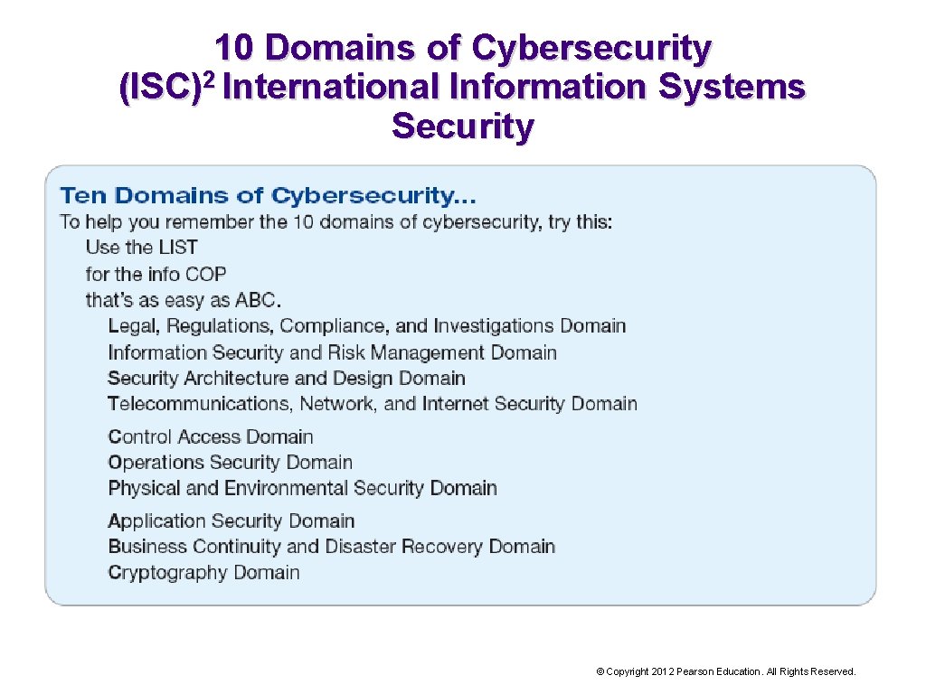 10 Domains of Cybersecurity (ISC)2 International Information Systems Security © Copyright 2012 Pearson Education.